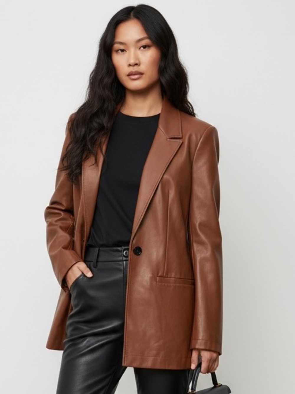 Staud Women's Brown Faux Leather Blazer One Button Size S